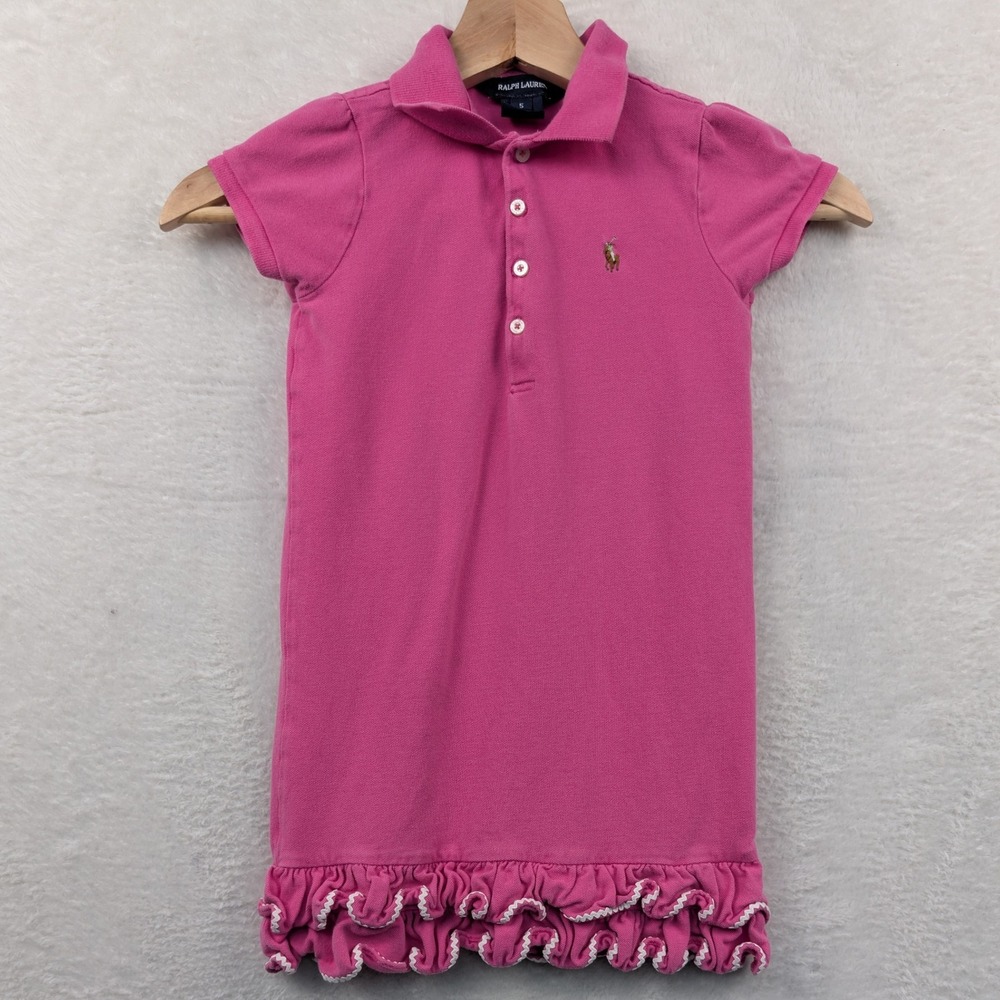 VTG Ralph Lauren Dress Girls 5 Pink Ruffle Hem Pique Cotton Preppy Coquette Y2K